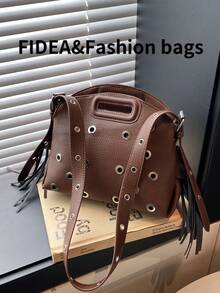 New Fashion Women's Oblique Shoulder Bag, Solid Color Minimalist Tassel High-End PU Rivet Hollow Out Decor Chic Elegant, Can Be Worn As Shoulder Or Handbag, Suitable For Dating, Shopping, Versatile And Exquisite