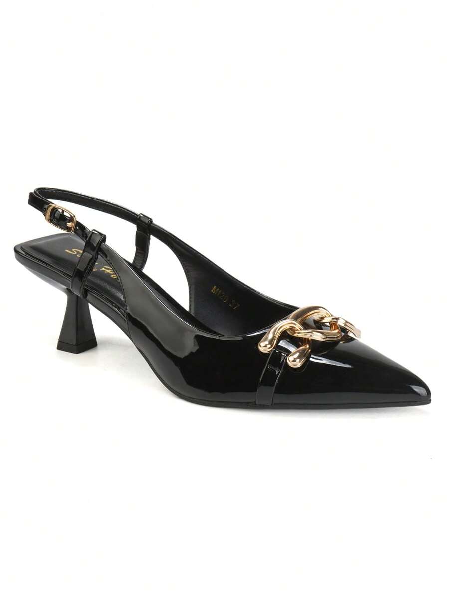 RevReaL Patent Slingback Heels With Gold Chain – Elegant Pointed-Toe Mid-Heel Shoes Commuter Buckle Office - Black - View 1