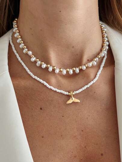 2pcs Baroque Style Ocean Theme Necklace With Fish Tail Pendant, Suitable For Women In All Occasions, Great Gift Choice