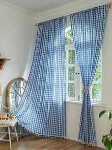 1pc American Country Style Minimalist Solid Color Plaid Pattern Curtain, Suitable For Bedroom, Living Room, Balcony - Multicolor - View 1