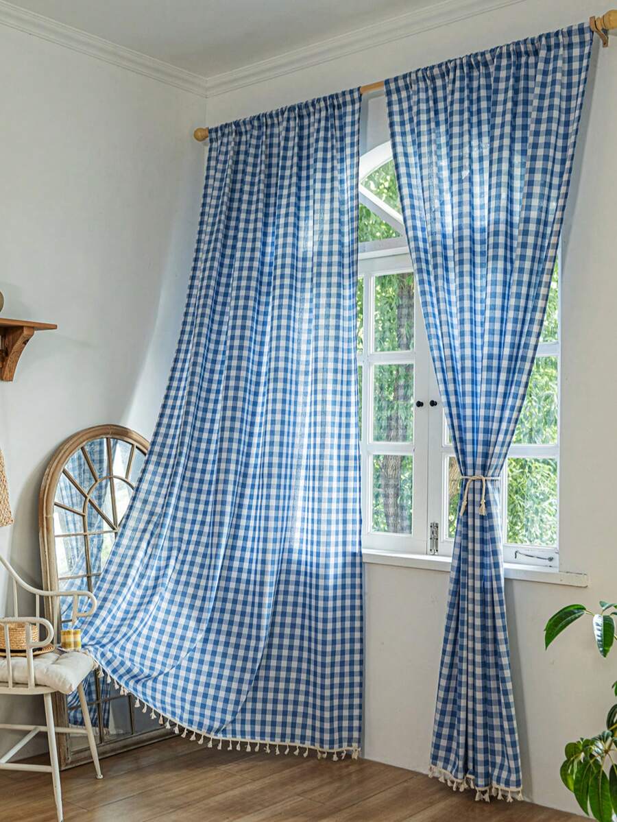 1pc American Country Style Minimalist Solid Color Plaid Pattern Curtain, Suitable For Bedroom, Living Room, Balcony - Multicolor - View 1