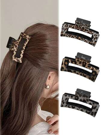 3 piezas Pinzas para el cabello cuadradas medianas con estampado de leopardo vintage elegante, pinzas de plástico suave minimalistas para recogidos y moños, versátiles para uso diario y ocasiones casuales, accesorios para el cabello de invierno
