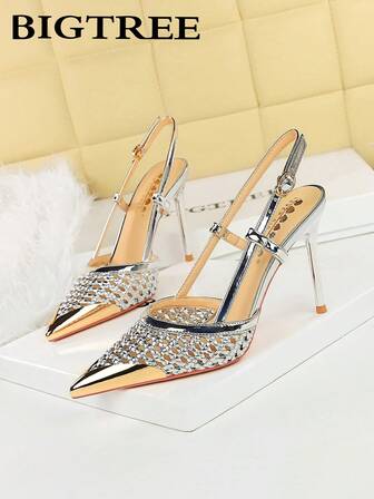 Trendiga ihåliga vävda stilettklackade sandaler, metalliska spetsig tå med en rem, eleganta festskor för kvinnor