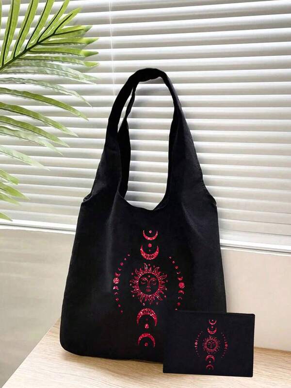 Sun Moon And Stars Printed Canvas Shoulder Bag,Printed Black Tank Top Tote Bag And A Black Small Bag,Valentine's Day Gifts,Personalized Wedding Gift Bag For Female Bridesmaids, Makeup Bag, Travel Simple Storage Bag,Suitable For Shopping, Traveling And Vacationing,Suitable For Gifting To Family And Friends,Mother's Day Gift,Back To School Gift