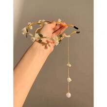 Elegant 1pc Simple Alloy Headband With Faux Pearl & Flower & Rhinestone Decor For Women,Gold Head Piece Valentine's Day Valentines,Hairband,Hair Hoop,Hairband,Hair Hoop Headbands - 金色 - 查看 4