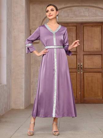 Women's V-Neck 3/4 Sleeve Elegant Arabic Sequin Purple Dress