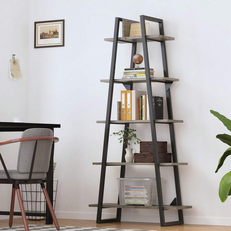 Estantería industrial de 5 niveles de madera, estilo rústico, alta y abierta, con escalera, ideal para exhibiciones en casa, sala de estar, dormitorio, oficina y almacenamiento. - amarillo claro - Ver 1