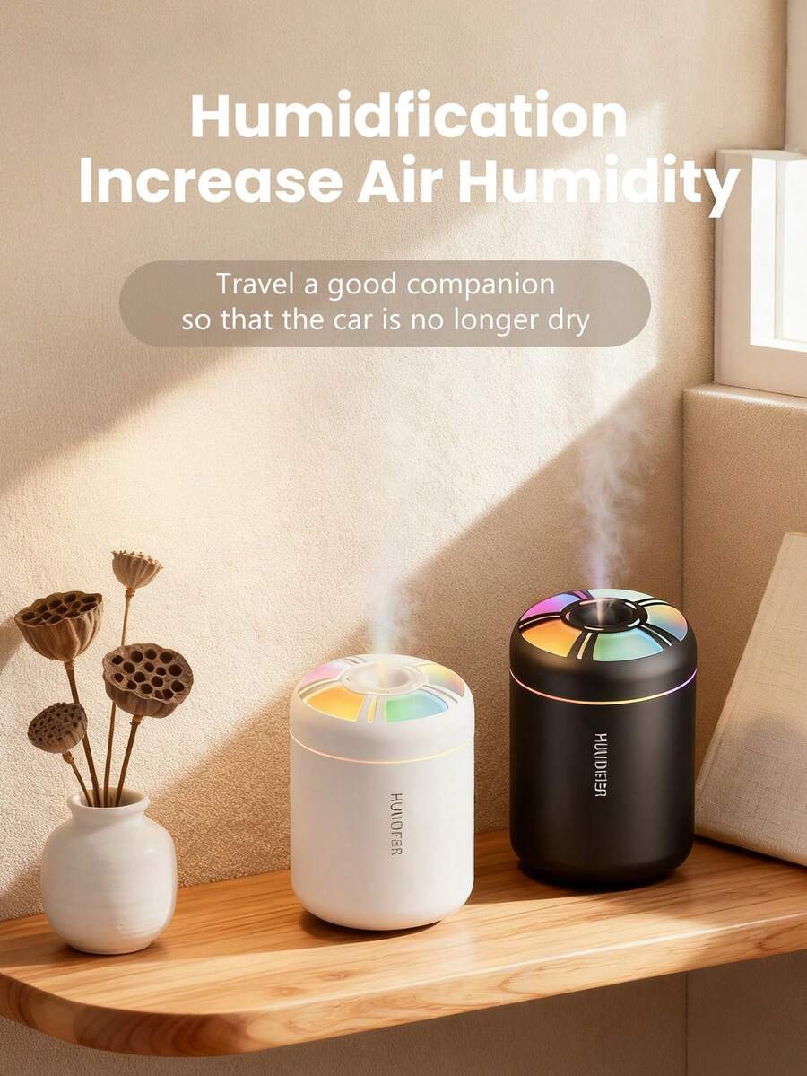 1 Pc Mini Car Humidifier, 180ml Capacity, USB Power Supply, Two Colors Black And White Optional, With Cold Fog And Luminous Atmosphere Light Humidifier,Car Air Freshener, 6 Kinds Of Aromatic Essential Oils Optional - Black and White - View 1