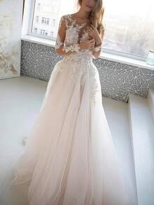 Elegant Romantic Boho Long Sleeves Lace Appliques Tulle Wedding Dress Registration,Evening Party Dress Birthday Party Dress,Romantic Church Ceremony Wedding Dress,Suitable For Wedding,Dating,Party,Singles' Party,Vacation,Formal Occasions,Dinner Dress,Prom Dress,Homecoming Dress,Cocktail Party,Wedding Guest Dress,Graduation - 白色 - 查看 4