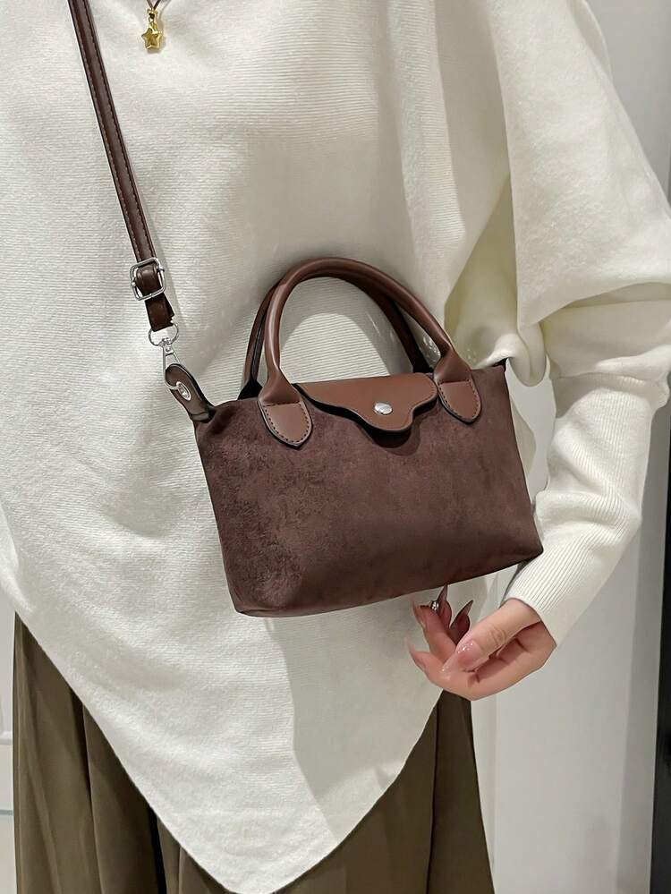 新款秋冬麂皮时尚复古小众设计通勤休闲单肩斜挎包 - 棕色 - 查看 7