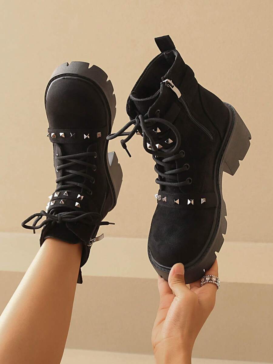 Retro Thick Sole Square Heel Petite Booties, Casual Versatile Short Ankle Boots, Lace-Up Buckle Decor, Fashionable Boots For Autumn/Winter 2025 - Black - View 1