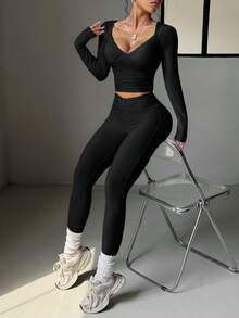 Aoqta Sport Damen Zweiteiler Herbst Lässig Outdoor Sport Laufen Fitness einfarbig Langarm V-Ausschnitt Top und schlanke hochgeschnittene Hose Yoga Set