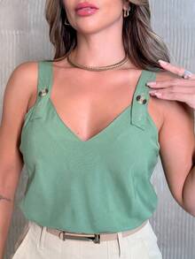 Rainbow Strappy Tank Top With Button, Thick Straps, Plain Viscose Blouse, Dune Print, Sizes M, G, GG (36-42), Summer, Women's, Casual, Elegant And Comfortable - 117-VERDE MI - 查看 3