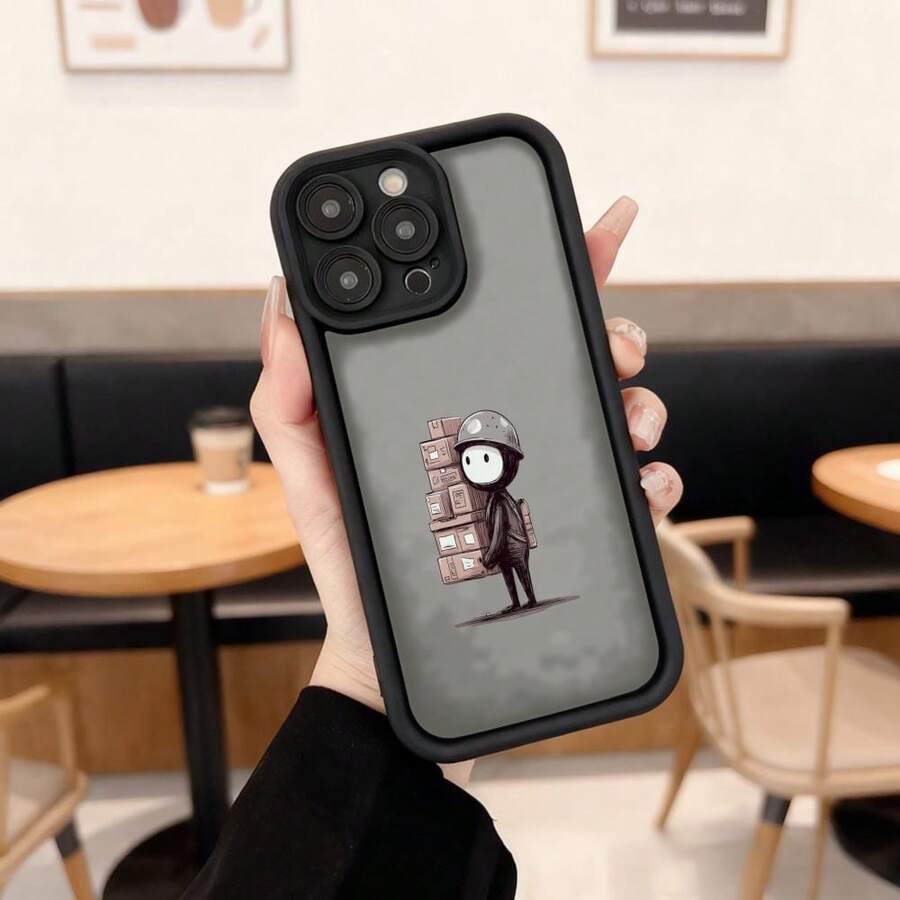 Cubierta de telefono con borde negro gris con estampado de personaje espacial cargando cajas para uso diario en cafeterias y salas de estar Aplicable a los teléfonos de la serie Apple y Galaxy - Burdeos - Ver 1