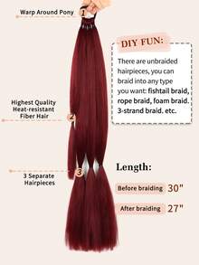 2pcs Long Braided Ponytail Wigs, With Hair Ties, Circular Straight Synthetic Wigs, Natural Soft, Suitable For Women Daily Wear, 26 Inches, 30 Inches, 34 Inches, Wine Red - Burgundy - View 6