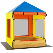 Kids Wooden Sandbox W/ Canopy Sand Pit W/ Windows & Curtains Bench & Storage - 彩色 - 查看 10