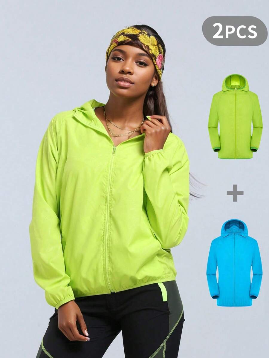 2 件女式轻质透气纹理防紫外线夹克户外运动休闲外套 [带储物袋]，酸橙绿 + 天蓝色
