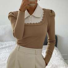 Livesso 法式彼得潘领叠穿上衣，二合一泡泡袖毛衣，女士秋冬款 - 駝色 - 查看 6