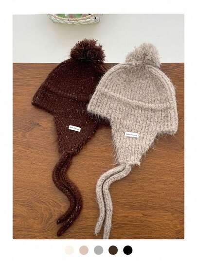 قبعة محبوكة جديدة للخريف/الشتاء للنساء، قبعة دافئة متعددة الاستخدامات لحماية الأذن، قبعة محبوكة جميلة بكرات، قبعة تزلج للخارج، مبطنة حرارية وثقيلة الوزن