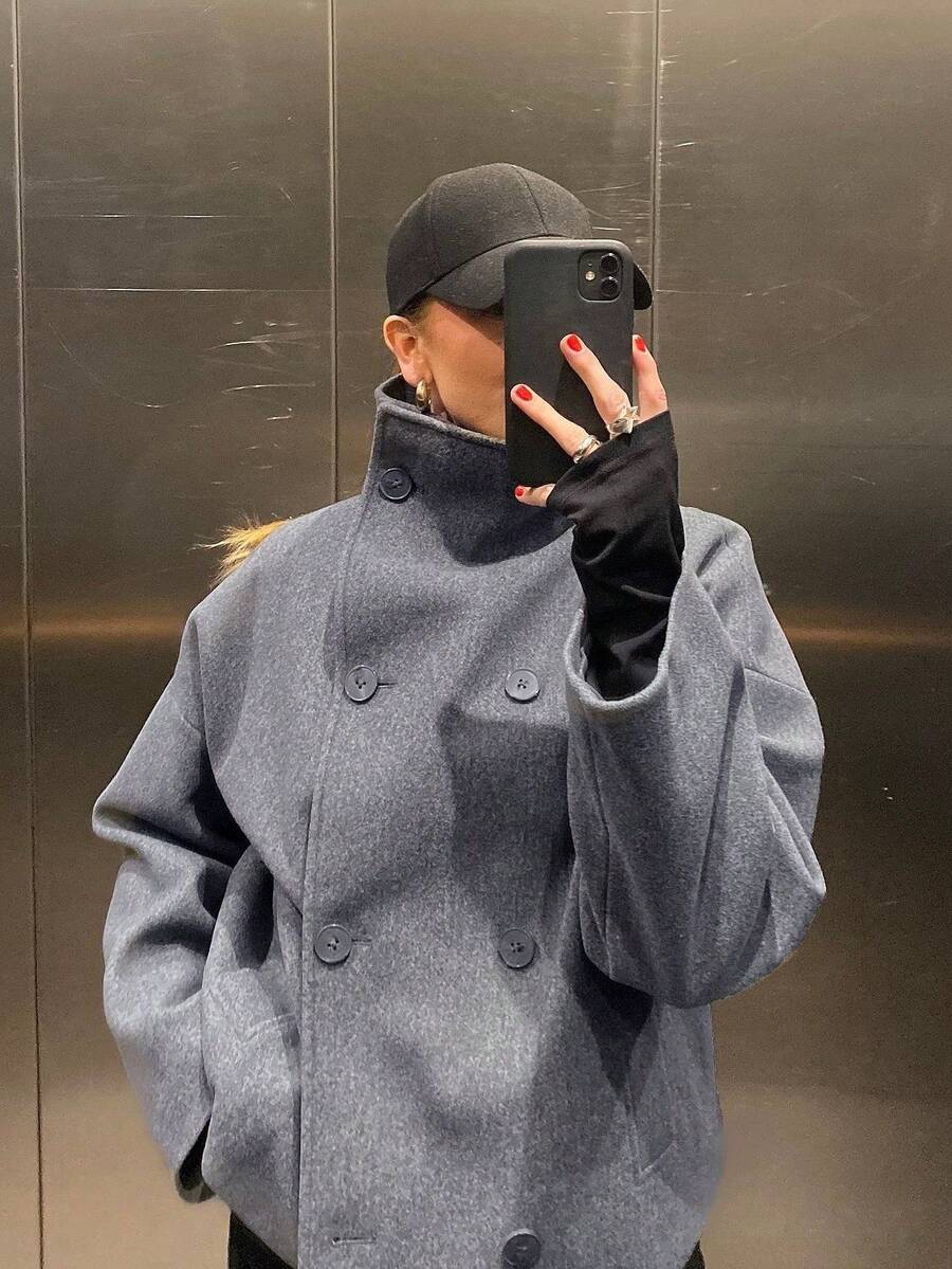 Manteau décontracté pour femmes à double boutonnage, épaules tombantes, manches longues, en mélange de laine. Coupe ample à taille haute et manches larges. Vêtement d'extérieur pour l'automne/hiver - Gris foncé - Voir 1