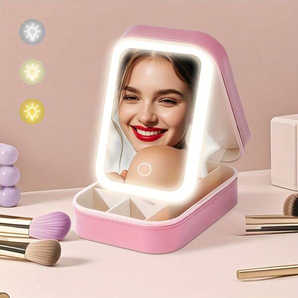 مرآة مكياج محمولة مع إضاءة LED - صندوق تخزين مستحضرات التجميل قابل للطي مع بطارية قابلة للشحن عبر USB، تصميم جلد وردي، مناسب للطلاب وتخزين مجوهرات المرأة والجمال المحمول، علبة مكياج صغيرة | صندوق مرآة قابل للطي | تشطيب جلد مزيف