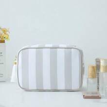 1 pieza Bolsa de maquillaje de lona a rayas con asa superior, organizador de artículos de tocador de viaje para mujeres - Neceser de cosméticos minimalista para usar en el baño o la maleta - Multicolor - Ver 16