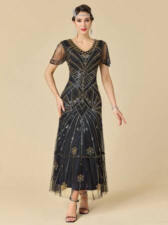 Women's Flapper Dress 1920s V-Neck Evening Gown Sequin Beaded Maxi Dress For Wedding