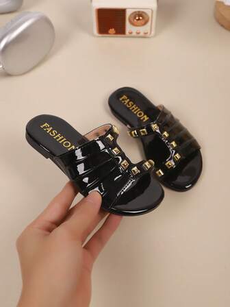 Children's Fashion Casual Outdoor Comfortable Personalized Anti-Slip Wear-Resistant Flat Round Toe Open Toe Slippers, Girls Indoor Home Slippers