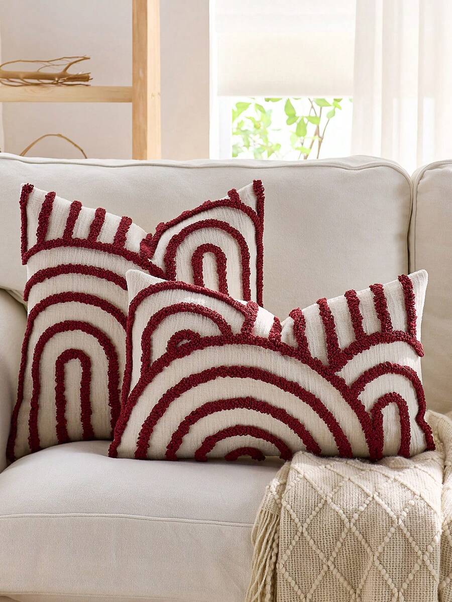 1 buah/2 buah Set Sarung Bantal Pola Geometris Setengah Lingkaran, Sarung Bantal Persegi Bordir Beludru Lingkaran Kanvas, Untuk Penggunaan Sehari-hari di Kamar Tidur, Ruang Tamu, Sofa, Halaman, Dekorasi Taman, Tanpa Isi 30*50cm 45*45cm - Burgundy - View 1