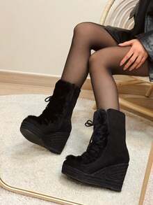 Botines de cuña con suela de yute para mujer, diseño con pelo decorativo y cordones, con plataforma y unicolor súper moda, ideal para la fiesta y vacaciones - Negro - Ver 3