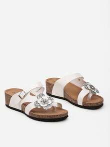 Funkelnde Blumen-Detail Kork-Sandalen, Damen Sommer/Strand Lässig