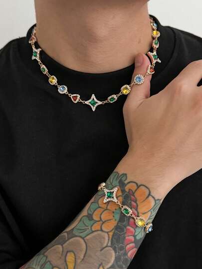 1 Set Luxury High-End Bracelet Fashion Niche Commute Design Jewelry Set, Colorful Crystal Flower Asymmetrical Necklace & Bracelet Exquisite Accessories, Suitable For Holiday Gifts And Attending Important Gatherings