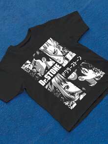 Dr. Stone Men's Oversized Graphic T-Shirt - Casual Street Style, Short Sleeve, Crew Neck, Black With White Print, Loose Fit, All Season Clothing, Casual Outfit | Crew Neck T-Shirt | Printed Design - 黑色 - 查看 4