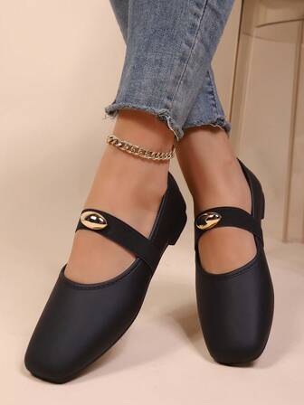 女士时尚简约扣环松紧带平底休闲鞋，舒适透气一脚蹬乐福鞋