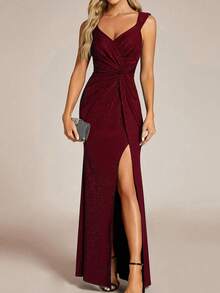 Elegantes Abendkleid, glamouröse Abendkleider für Frauen mit V-Ausschnitt, ärmellos, hoher Beinschlitz, geraffter Taille, paillettenverziert, funkelnde burgunderrote Halbformelle Kleider für Abschlussbälle, Dinnerpartys und formelle Anlässe - Bordeaux - Übersicht 3