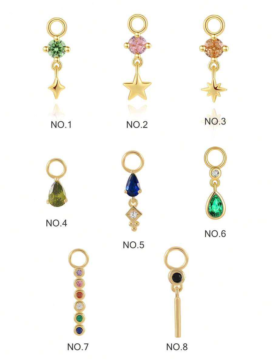 1Pc 925 Sterling Silver Earring Colorful CZ/ Moss Agate Dangle Chain Charm | Garnet Gold Plated Conch Charm| Rook Helix Cartilage Charm| Sterling Silver Natural Gemstone Addon - Silver - View 1