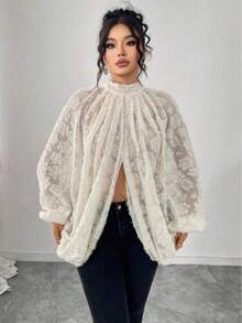 Solstice Apparel 蝙蝠袖褶皱领口后系带纹理花卉印花杏色优雅法式度假办公日常薄纱罩衫，适合春夏穿着 - 杏色 - 查看 5