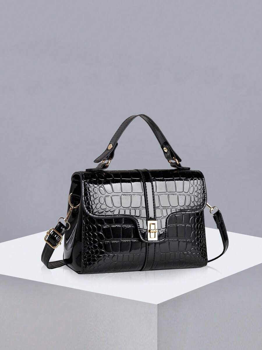 1pc Fashionable And Casual Mirrored Crocodile-Grain Ladies' Handbag, Single-Handed, Crossbody, Or Shoulder-Length, With A Flip-Lock Closure And Exquisite Small Square Bag