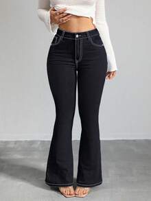 GILIPUR New Black & Blue Y2K Flare Jeans For Women, High-Waisted Slim Fit Stretchy, Elegant & Fashionable Casual Street Style, Retro For Winter & Spring, Suitable For New Year, Valentine's Day, Sexy Party Style, Holiday Gift. Sophisticated Yet Casual Appearance, Ideal For Formal Events, Casual Dinners And Concerts. - Black and Blue - View 8