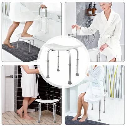 Taburete de ducha antideslizante y regulable en altura con orificio para ducha, capacidad de carga de 150 kg, fabricado en aluminio y polietileno. Apto para personas mayores, embarazadas y baños. 51 x 39 x 60,5 cm.