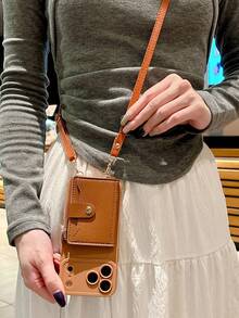 1件装时尚奢华仿珍珠链条卡包手机壳，兼容苹果11/12/13/14/15/16/17 Pro/Pro Max，创意简约全方位保护手机壳 - 咖色 - 查看 5