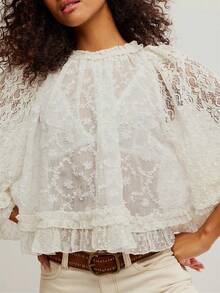 Women Long Sleeve Eyelet Ruffle Trim Button Down Blouse Shirts Y2k Tie Front Lace Floral Sheer Mesh Flowy Crop Tops People Going Out - 白色 - 查看 3