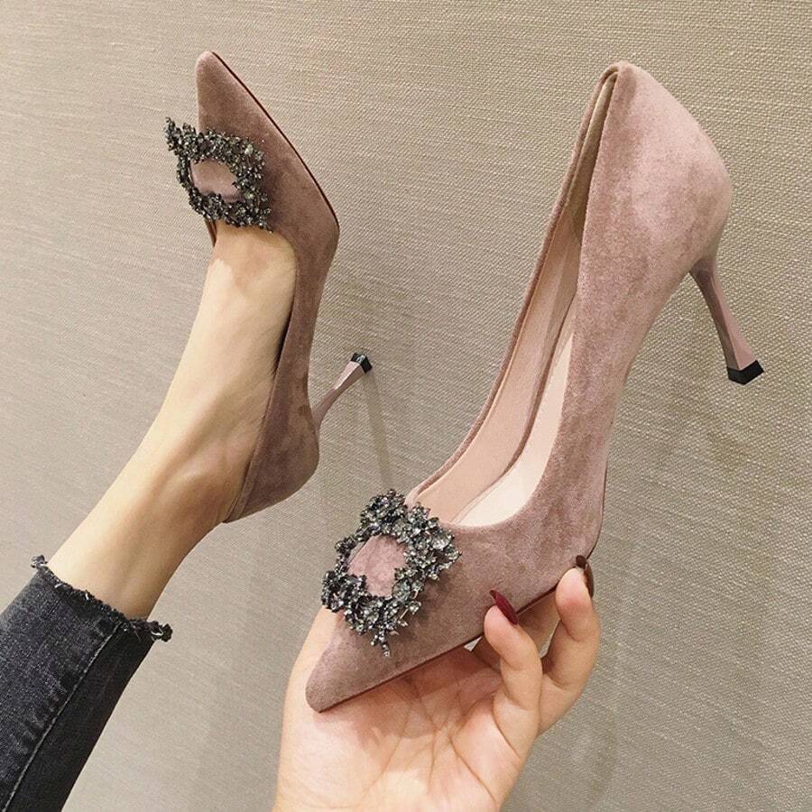 Zapatos de tacón de mujer,Zapatos de tacón de aguja versátiles de estilo francés con hebilla cuadrada adornada con pedrería. - Rosa - Ver 1