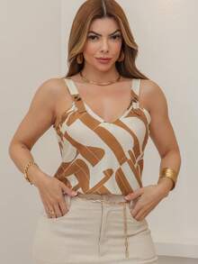 Rainbow Strappy Tank Top With Button, Thick Straps, Plain Viscose Blouse, Dune Print, Sizes M, G, GG (36-42), Summer, Women's, Casual, Elegant And Comfortable - 153-BEGE - 查看 1