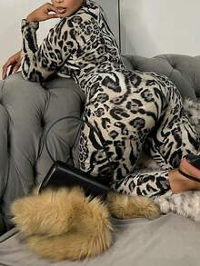 女士时尚豹纹高领性感紧身连体裤 春假 - 灰色 - 查看 5