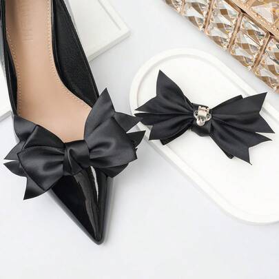 1pair Fashion Black Bowknot Shoe Accessories, Suitable For High Heels Decoration, Delicate Gifts For Friends, Decorative Items For Parties