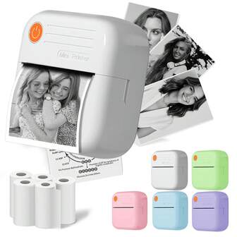 迷你便携式热敏贴纸打印机 - 无墨贴纸机，标签机，口袋即时打印，适用于智能手机便携式热敏打印机，可用于笔记、日记DIY、儿童礼物、学习图表、解剖图、照片、学生贴纸打印机，适合作为生日、圣诞节和新年礼物