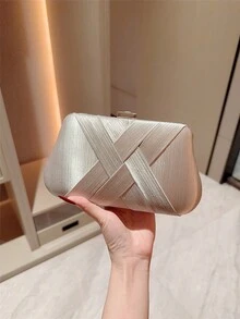 女士经典交叉设计优雅盒形晚宴手拿包，正式晚宴派对手提包 - 銀色 - 查看 5