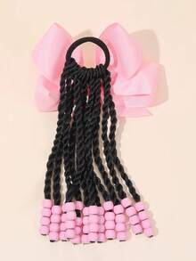 Ponytail With Beads Braids Hair Extension Detachable Synthetic Curly Hairpieces With Bows Protective For Girls Toddler 1pc Kids - Natural Black - View 6