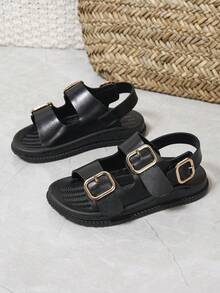 Children's Fashion Metal Buckle Flat Sandals With Hook And Loop - Black - View 3